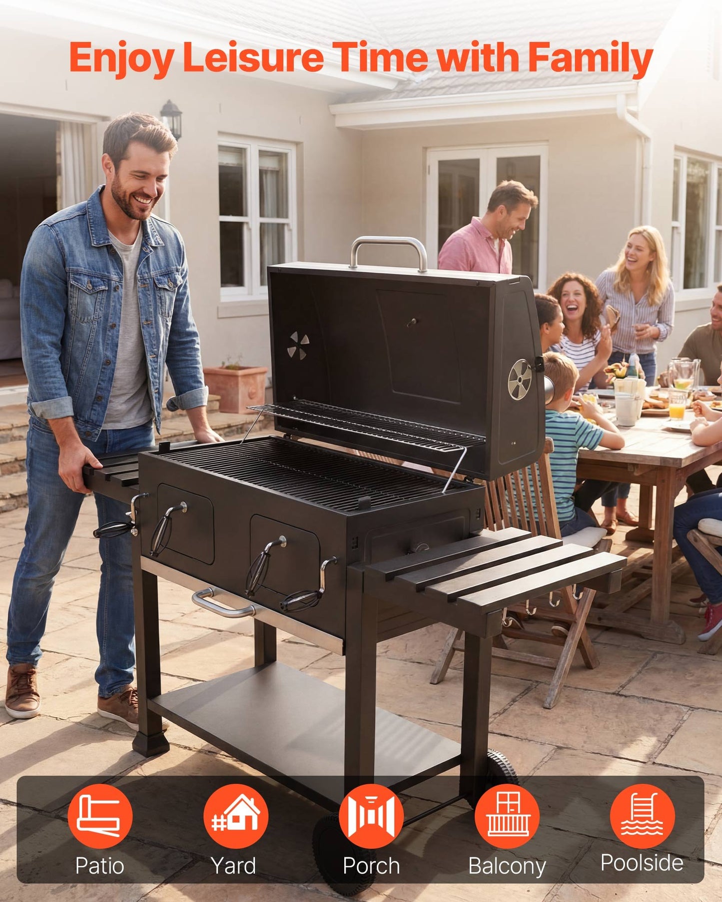 Large Charcoal Grill 780 Sq.in. with Liftable Trays & Folding Side Tables for Patio & Backyard