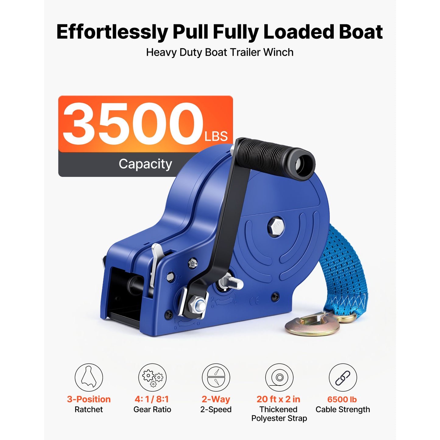 Heavy Duty Boat Winch 3500 lbs with 20ft Polyester Strap Portable Hand Crank