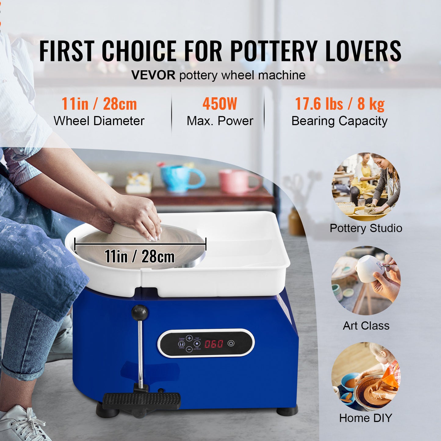 Pottery Wheel 450W 11-Inch Clay Forming Machine with Adjustable Speed, Handle & Pedal Control, Detachable Basin, Craft DIY for Beginners - Blue