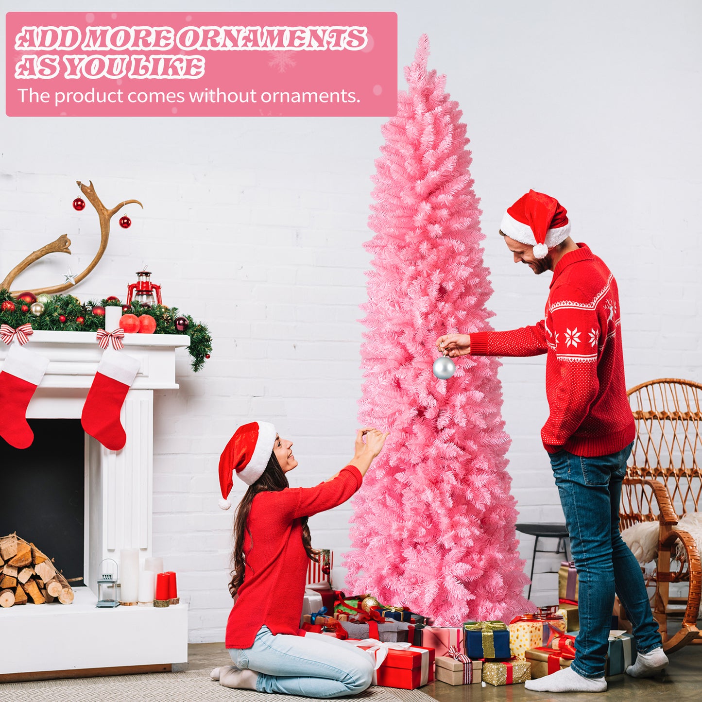 7.5 FT Slim Pencil Christmas Tree - Unlit Pink Artificial Pine
