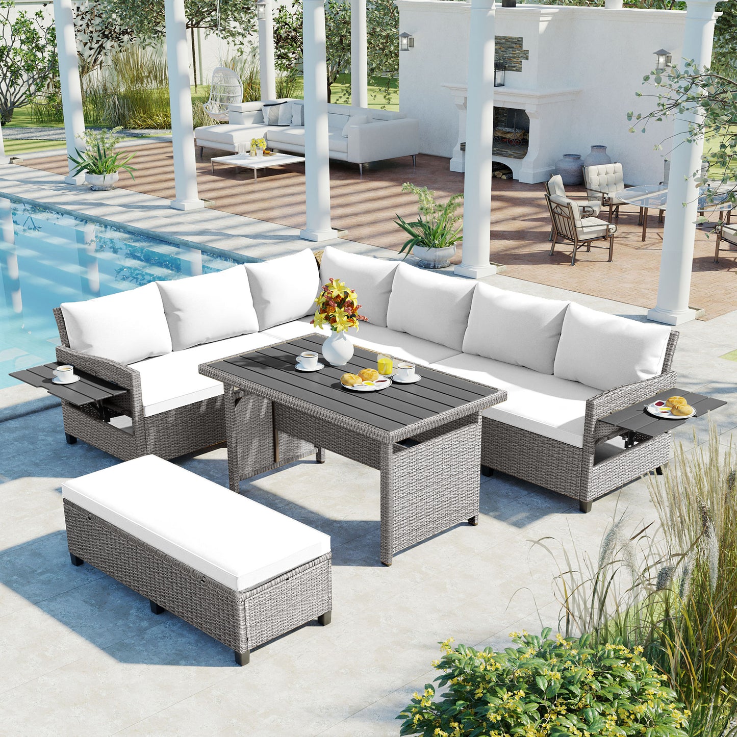 5-Piece Outdoor Rattan Sofa Set with Dining Table & Side Tables - White