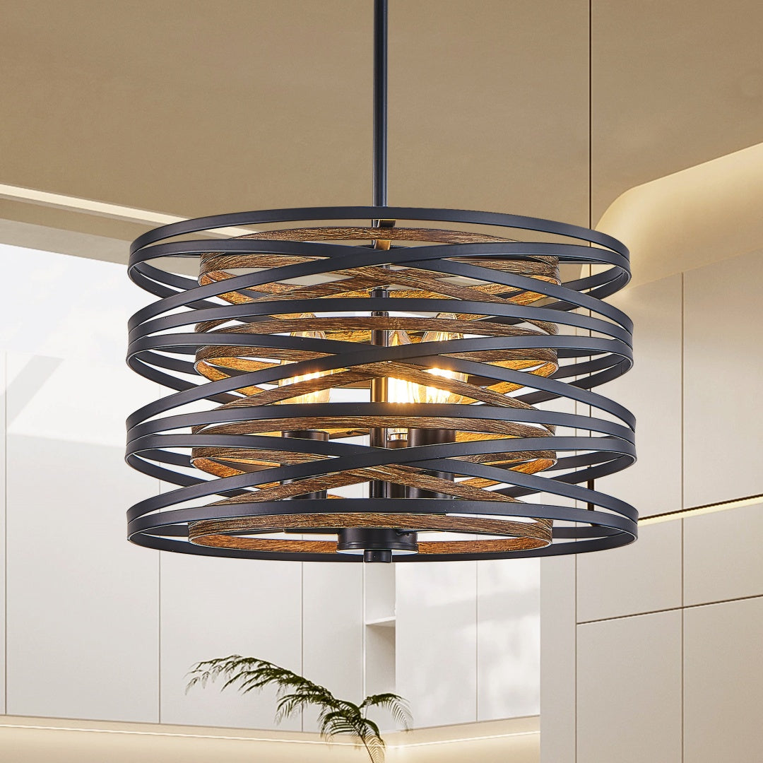 3-Light Industrial Pendant Chandelier with Wood Accents