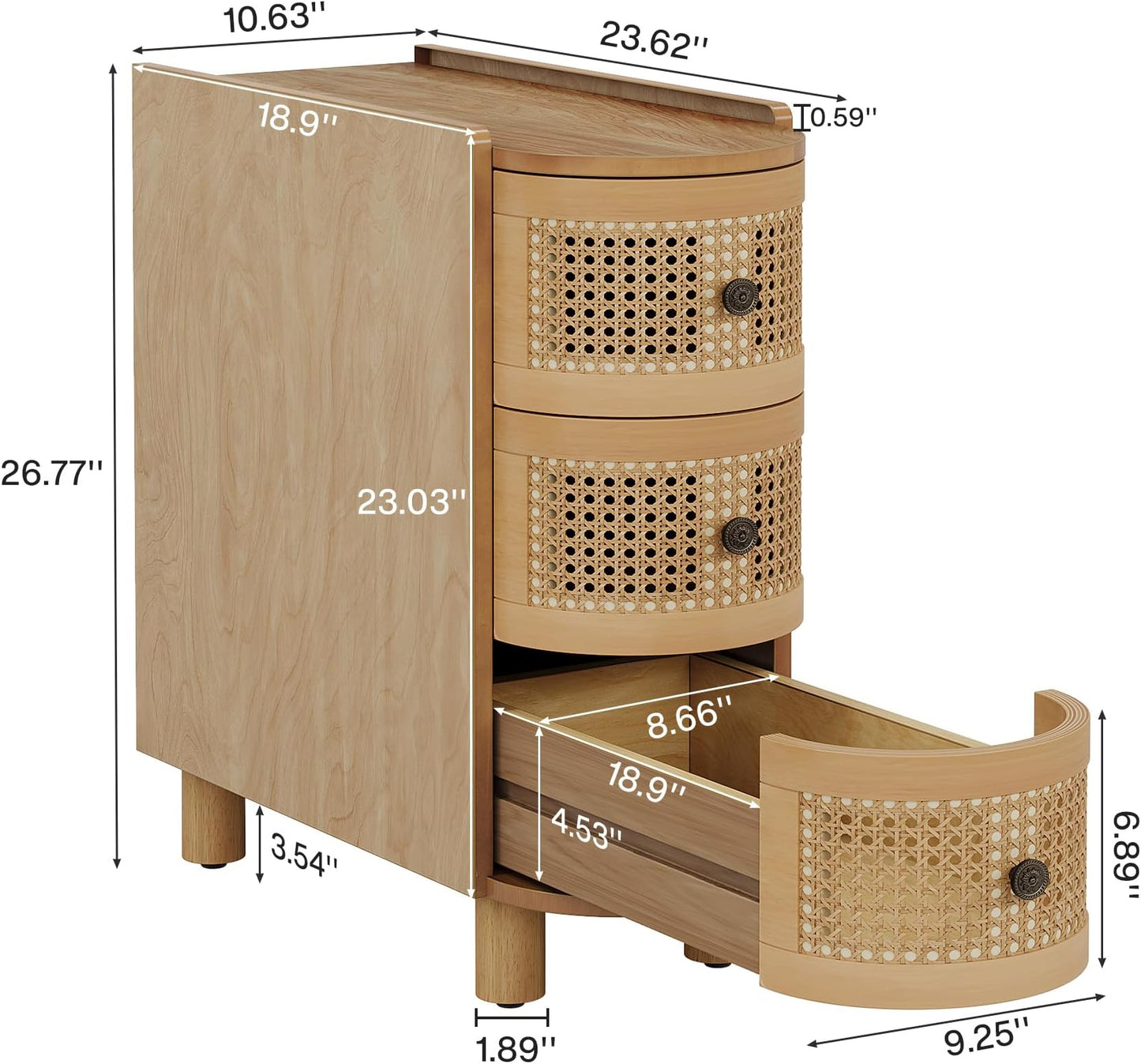 Solid Wood Nightstand with Rattan Drawers - Oak Finish