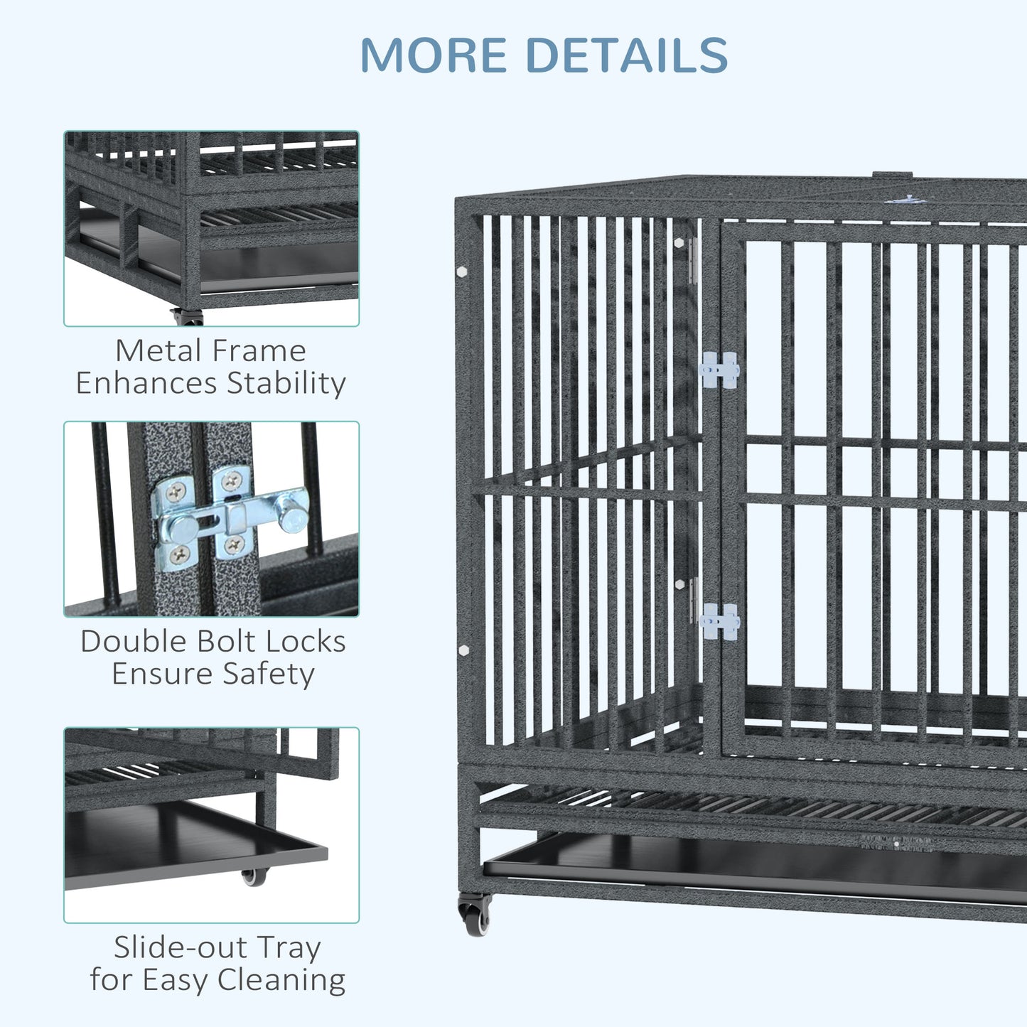 Heavy Duty Dog Crate Metal Cage with Lockable Wheels & Double Doors - 43 Inch Gray