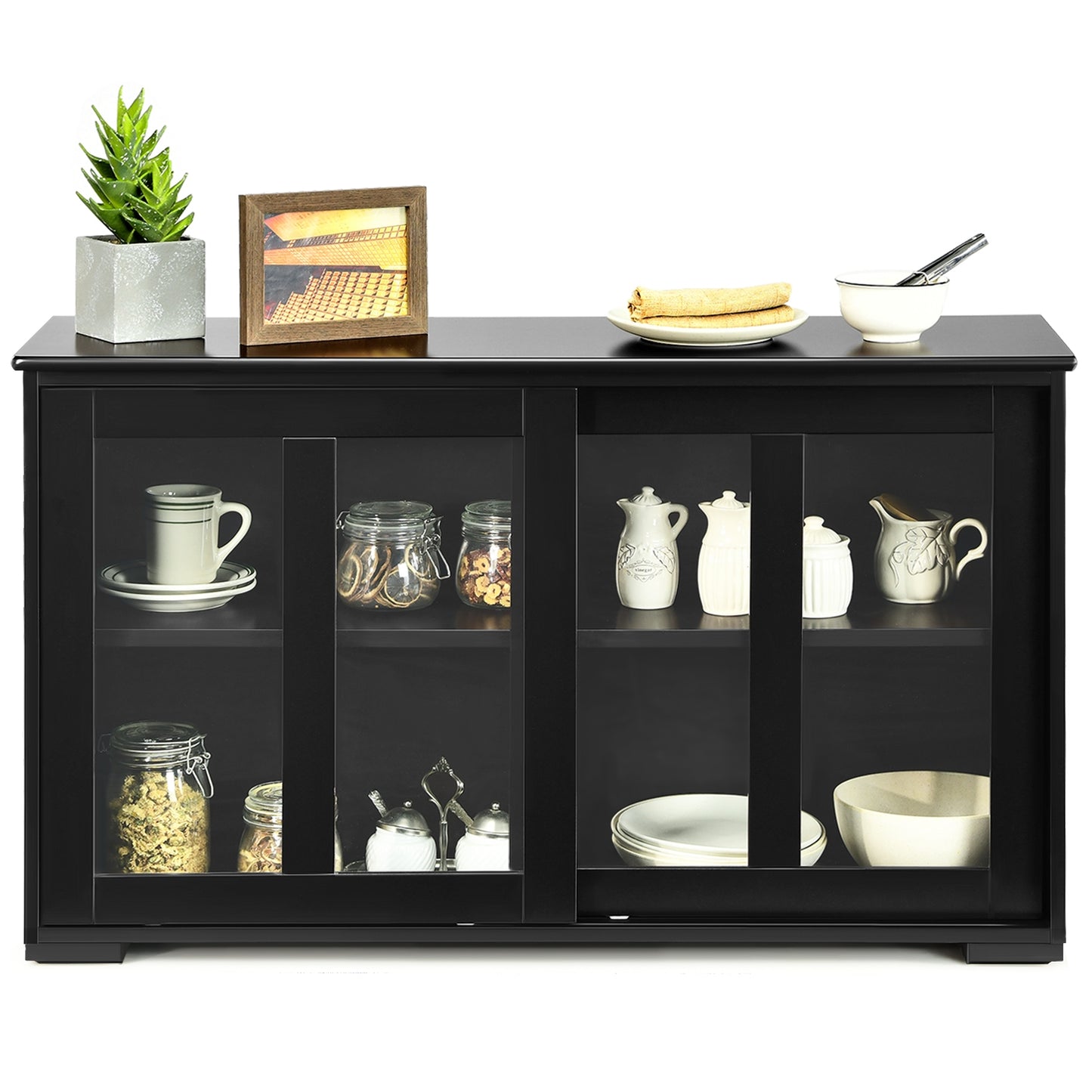 Kitchen Storage Cabinet with Glass Sliding Door - Black
