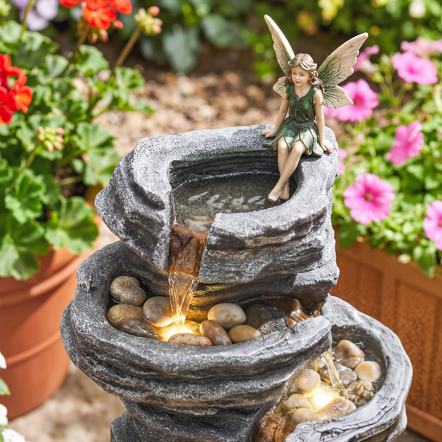 40-Inch Outdoor Water Fountain with LED Lights 6-Tier Cascading Resin Garden Feature - Gray