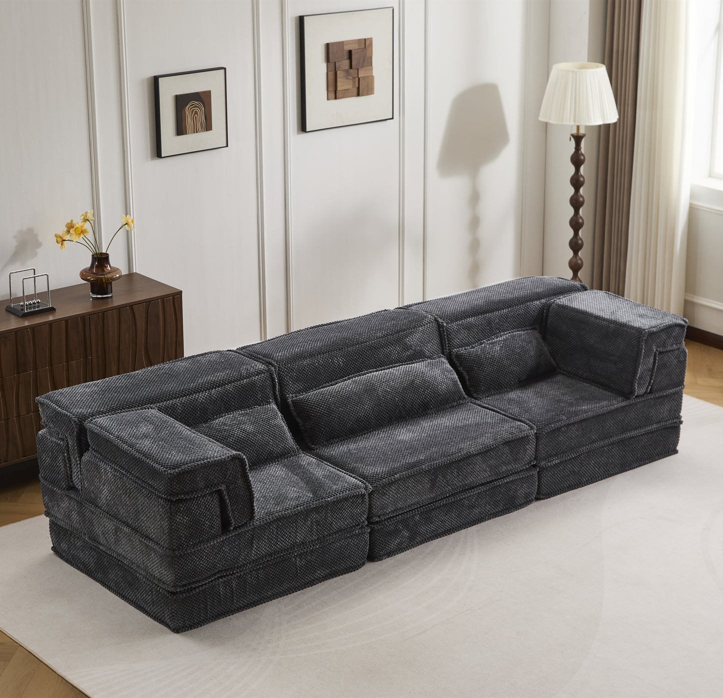 Convertible Floor Sofa Bed - Oversized 3 Seater with Pillows - Dark Gray