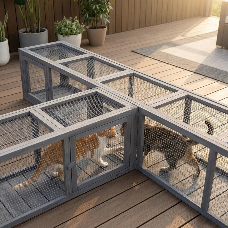 Wooden Cat Run with Weather Protection, Indoor & Outdoor Cat Shelter - Dark Gray