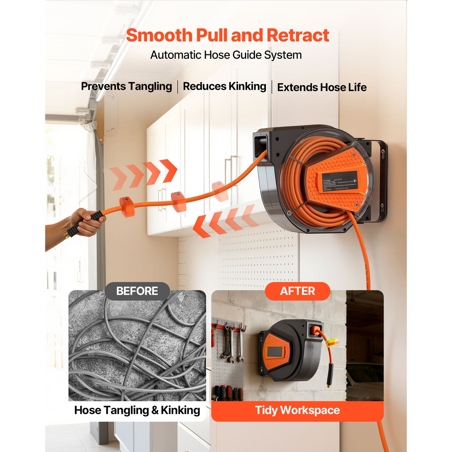Retractable Air Hose Reel 50FT with Auto Rewind & Blow Gun - Wall Mount
