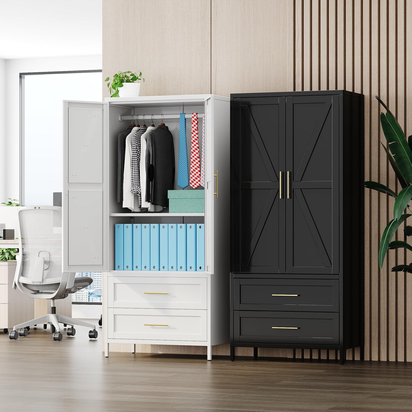 Metal Wardrobe Closet with Doors and 2 Drawers - Black