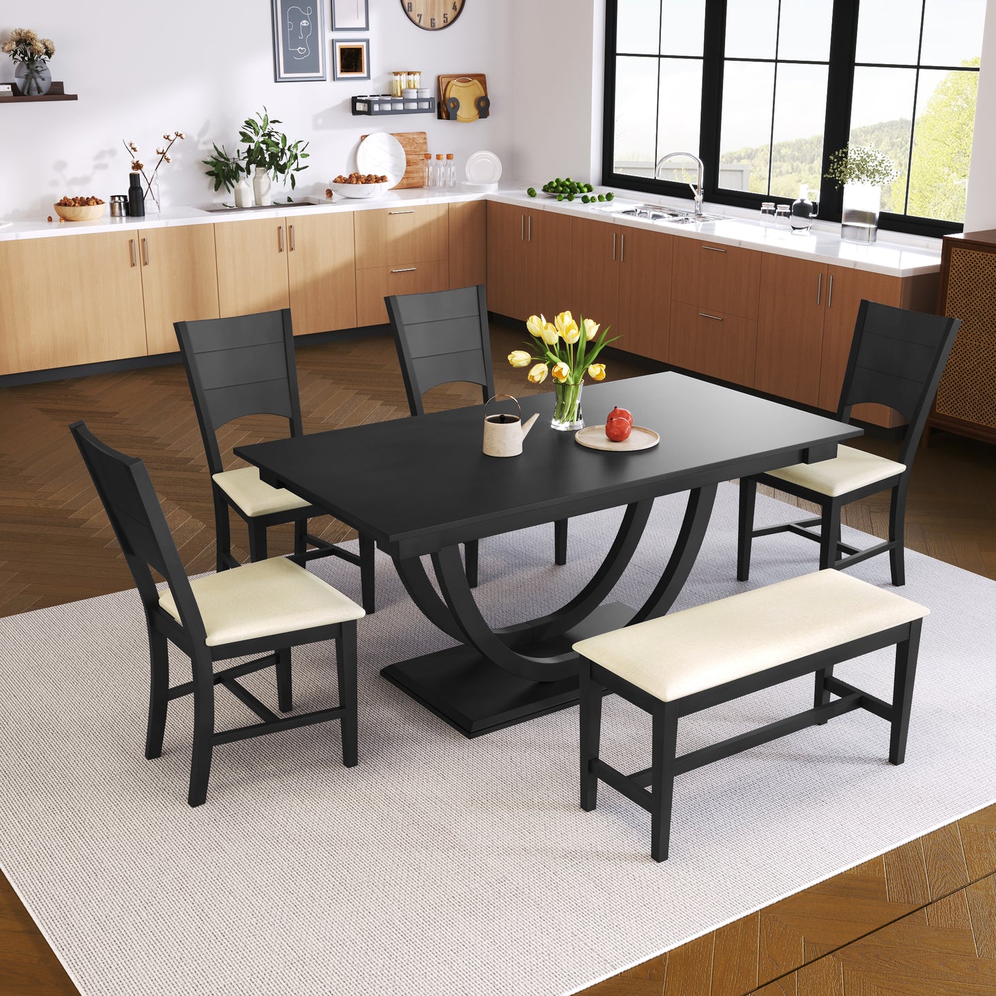 6-Piece Modern Gray Wood Dining Table Set with Bench & Chairs