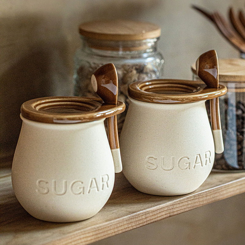 Vintage Ceramic Seasoning Jar with Cover and Spoon - Beige Kitchen Storage