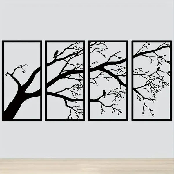 Minimalist Iron Bird & Branch Wall Art - 4-Panel Nature Home Decor