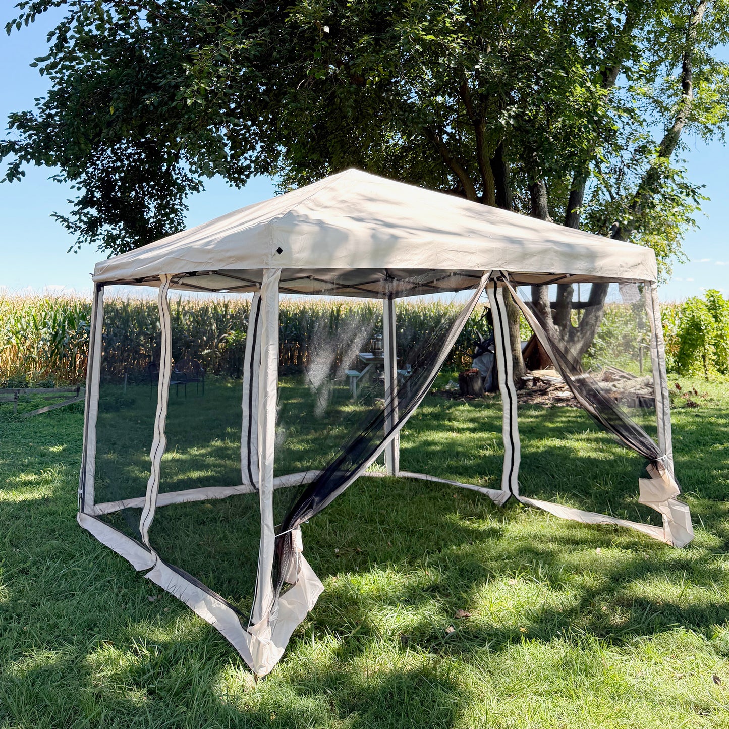 10x10 Pop Up Canopy Tent with Netting - Beige, Adjustable Height