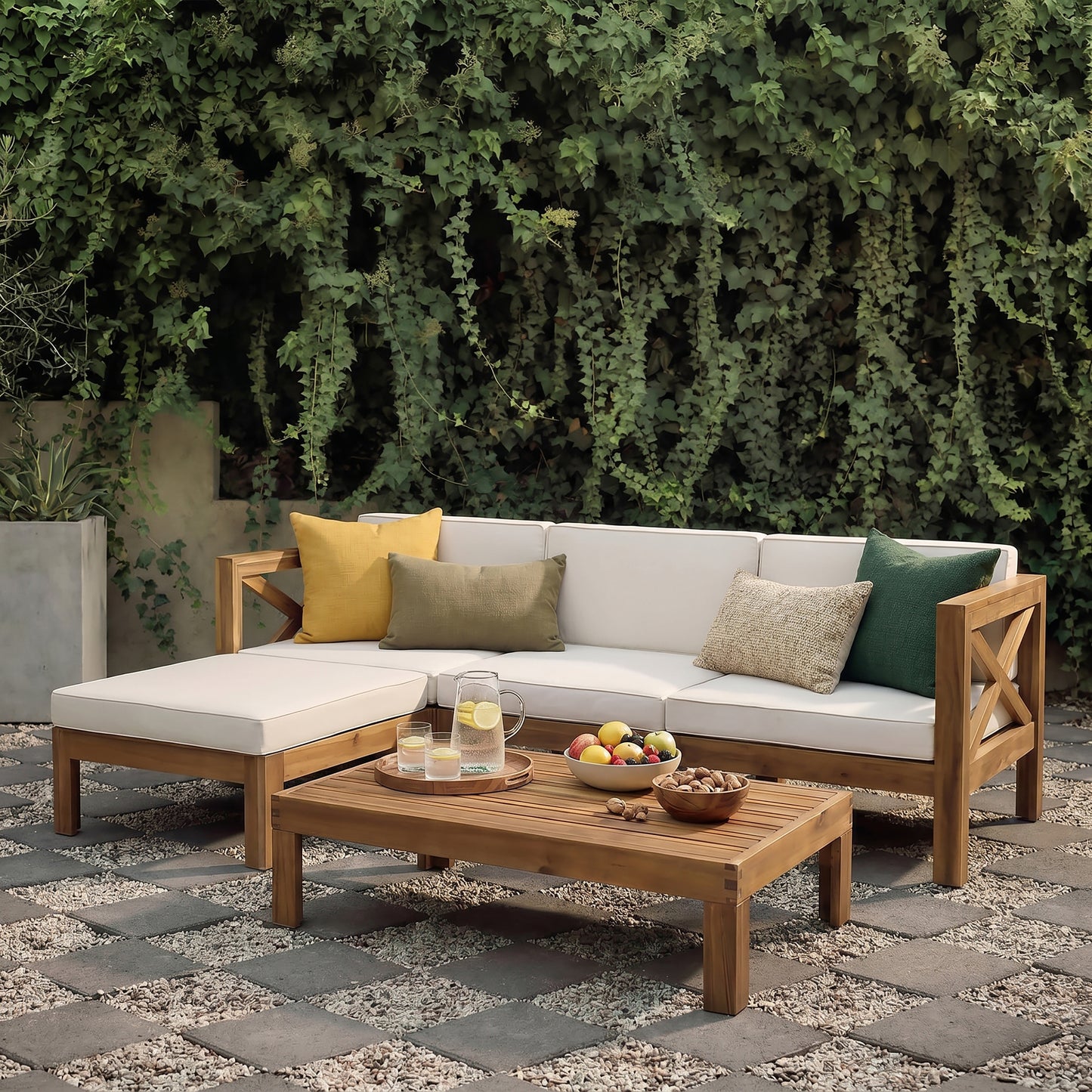 Beige L-Shaped Outdoor Sofa Set with Water-Repellent Cushions