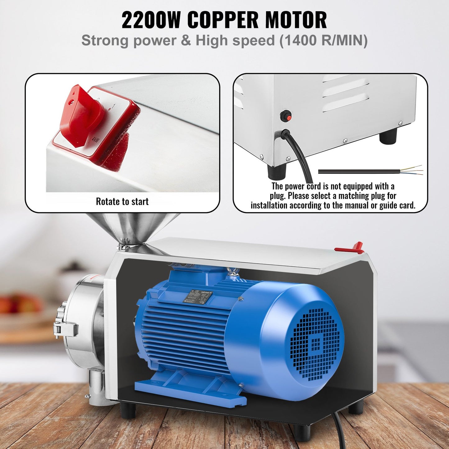 2200W Commercial Grain Mill Grinder - Stainless Steel Food Processing Machine