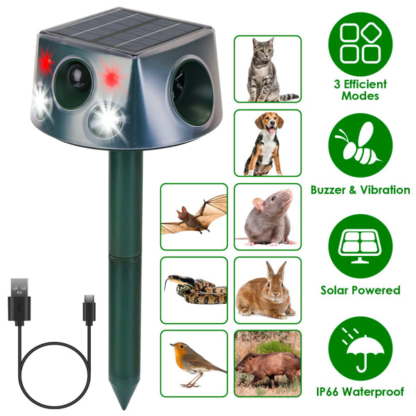 Solar Rechargeable Animal Repeller with Ultrasonic Buzzer Vibration Waterproof Yard Garden Farm
