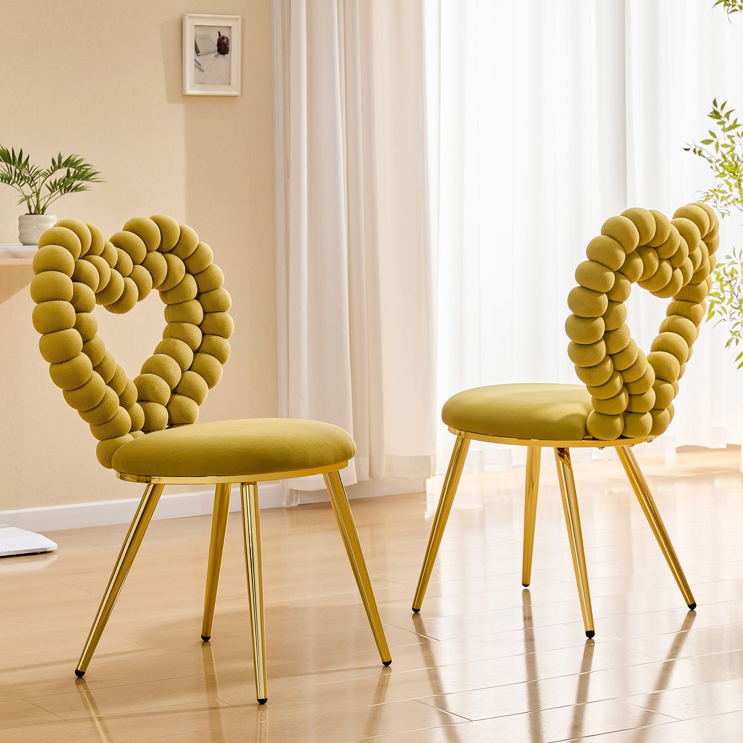 Set of 2 Heart Bubble Tufted Accent Chairs - Yellow Velvet