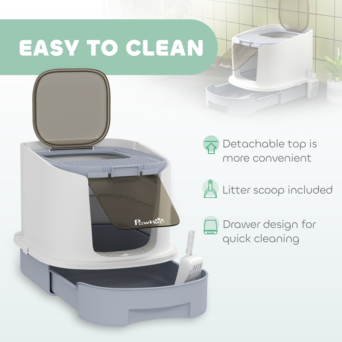 Gray Cat Litter Box with Lid, Drawer, Scoop & Top Entry - Odor Control