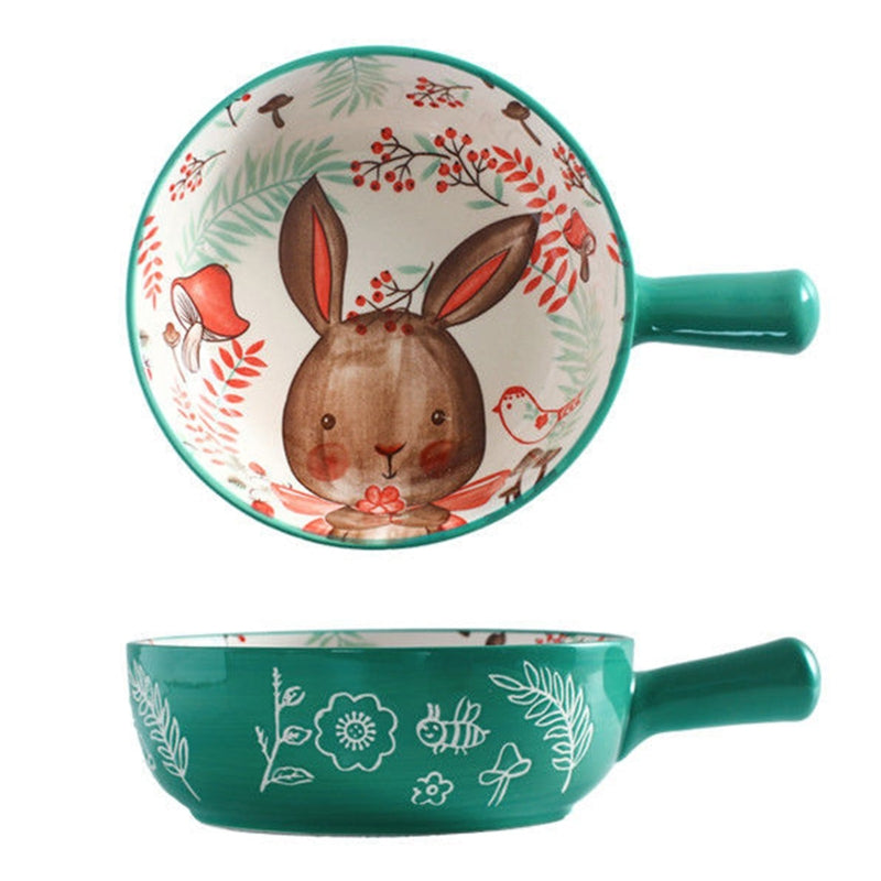 Ceramic Salad Bowl with Handle - Animal Illustration, 16-17cm, Dishwasher Safe