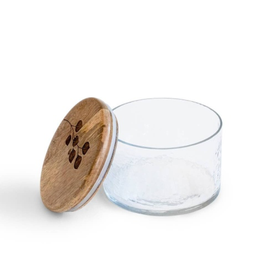 Leafy Twig Glass Jar with Wooden Lid - 700 ml Storage Container