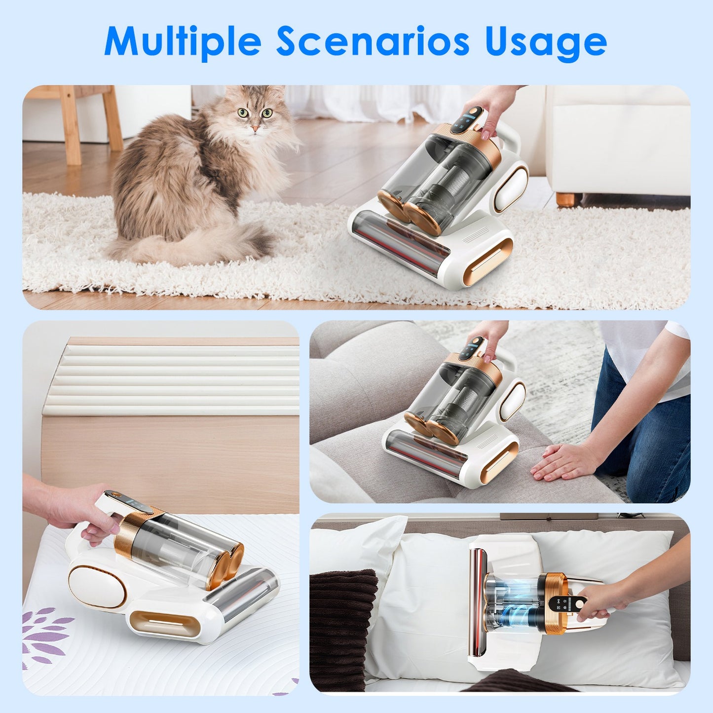 Cordless Mattress Vacuum Cleaner 16KPA UVC Ultrasonic Bed Cleaner Handheld with Dual Dust Bins