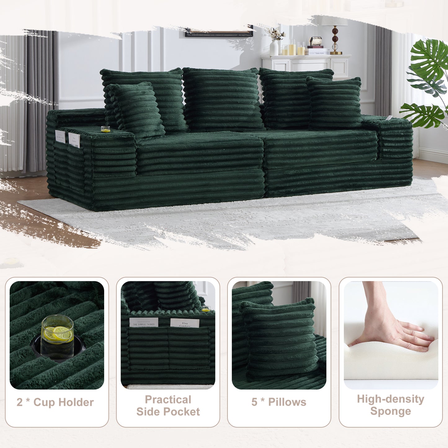 Oversized Corduroy Sofa Bed with Cup Holder & Pillows - Emerald