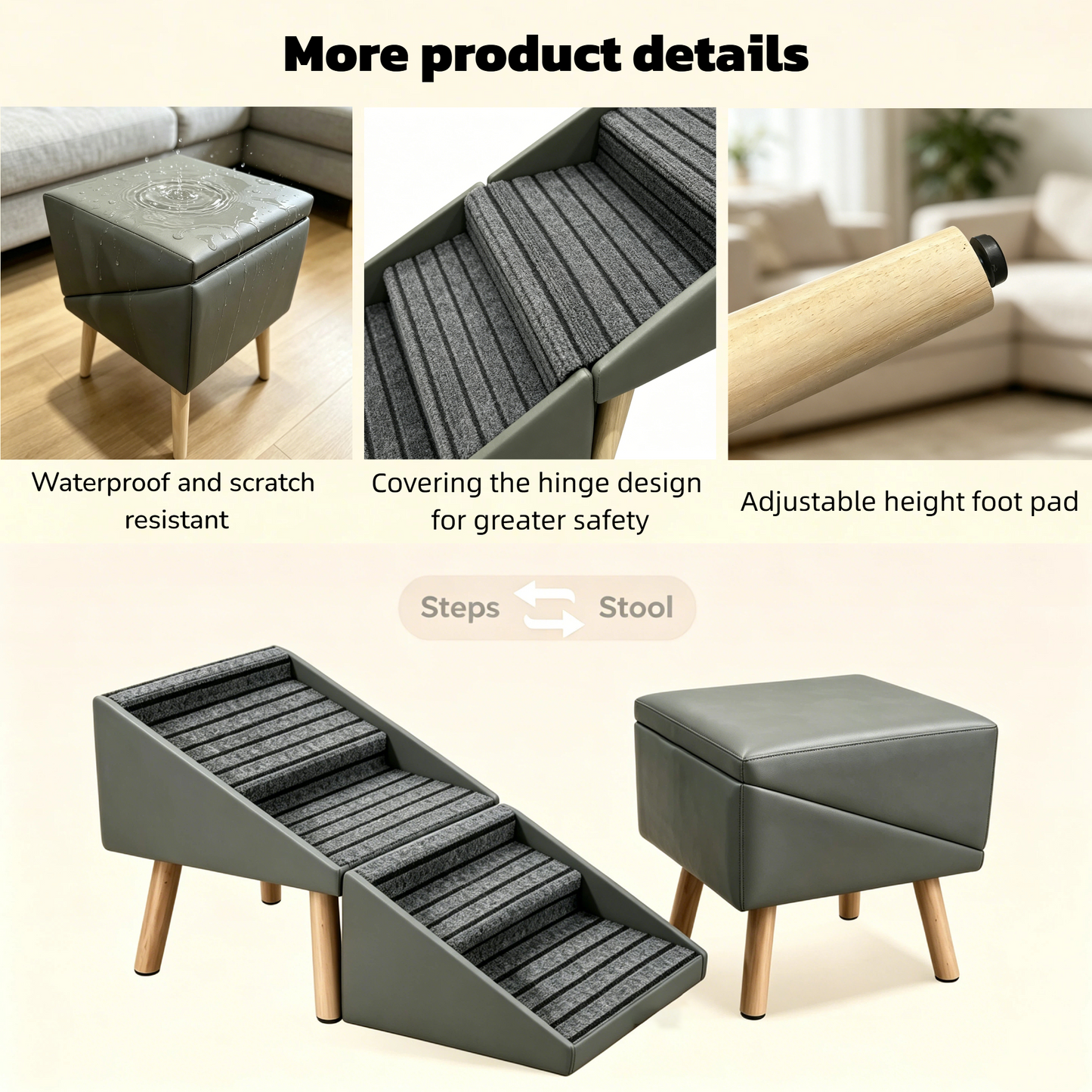 Foldable Dog Steps for Bed and Couch - 4-Step Pet Ramp for Small Dogs, Grey