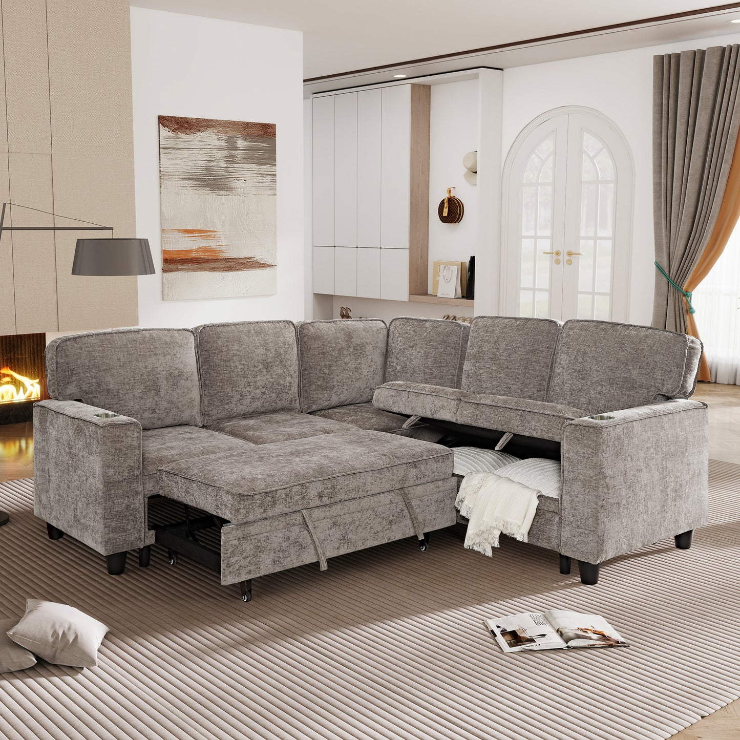 L-Shaped Sofa Bed with Storage & USB Ports - Light Brown