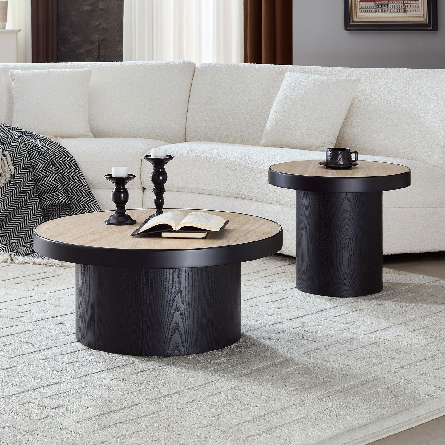 Set of 2 Round Coffee Tables - MDF with Sintered Stone Top - Black