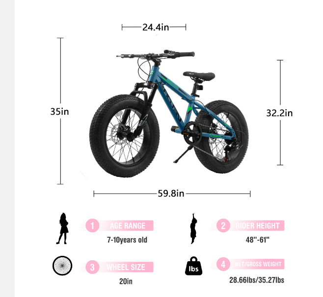 20 Inch Fat Tire Mountain Bike - 7 Speed, Dual Disc Brakes