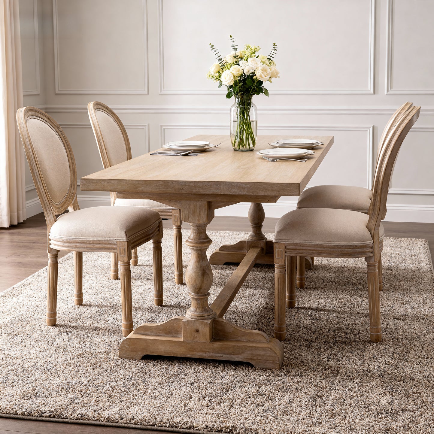 Beige French Style Solid Wood Frame Oval Back Dining Chairs - Set of 2
