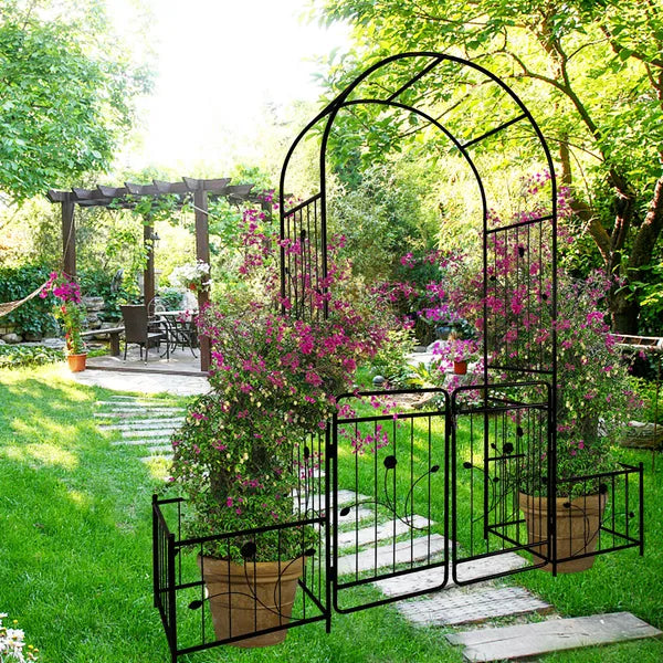 Metal Garden Arch with Gate for Climbing Plants - 79.5" x 86.6" - Black