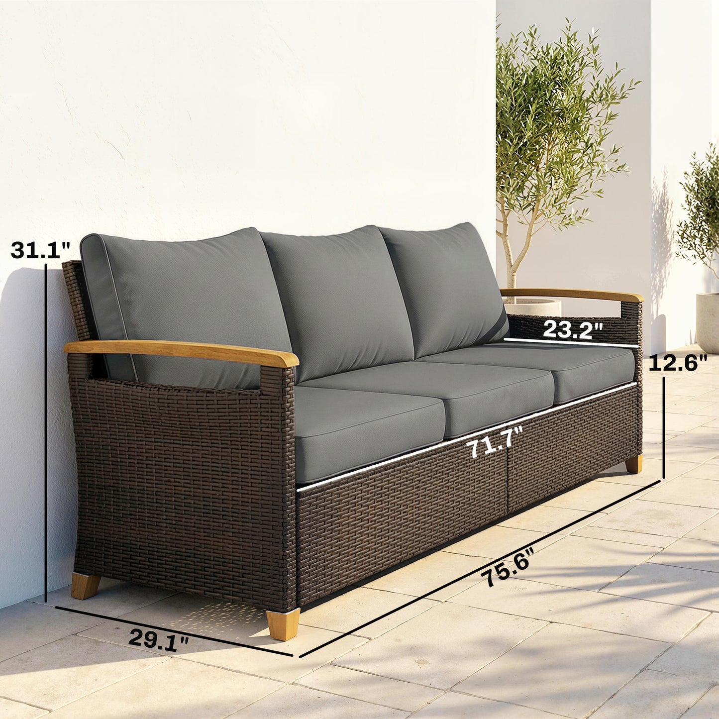 Outdoor Wicker Sofa - 3 Seater Patio Couch with Cushions, Gray