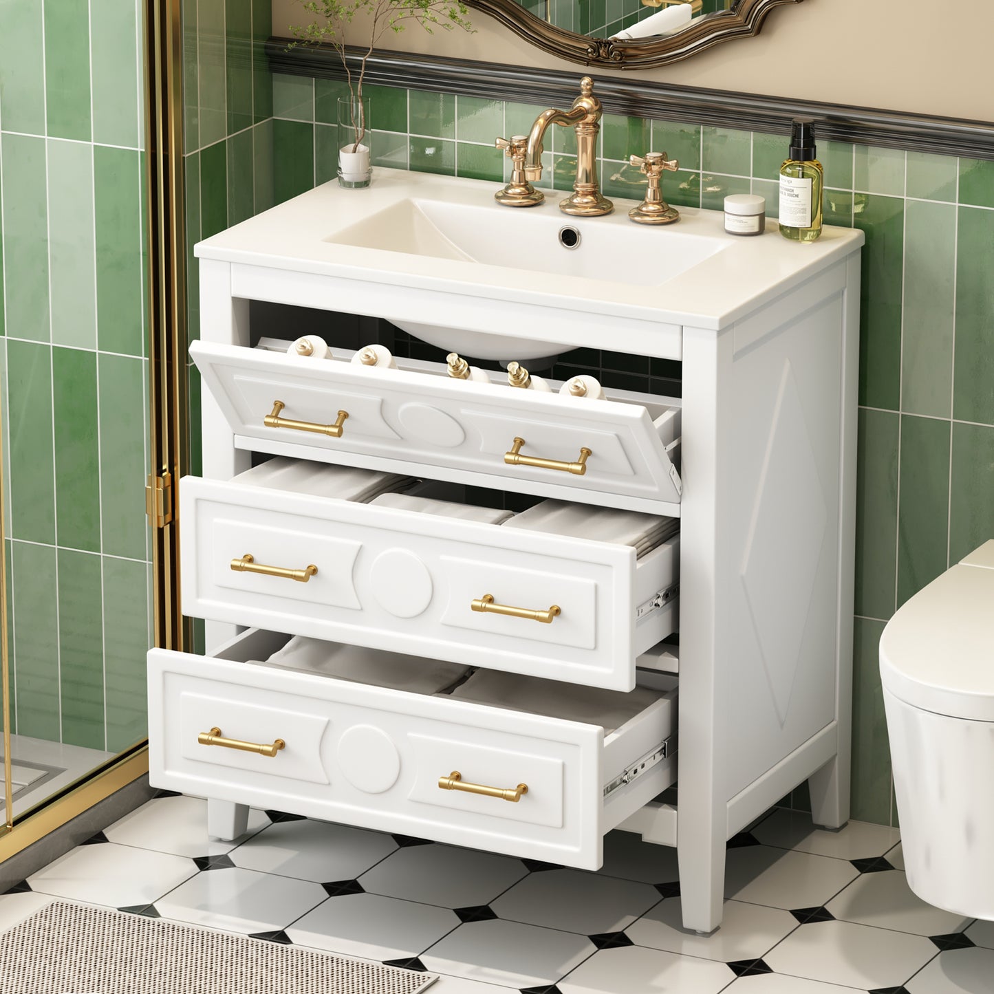 30'' White Bathroom Vanity with Ceramic Sink and 3 Drawers