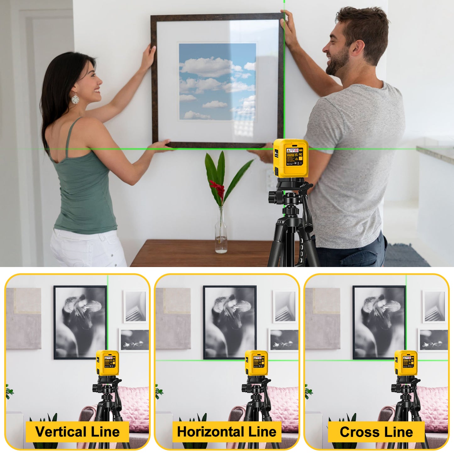 Laser Level with Rechargeable Lithium Battery, Self-Leveling Green Cross Line Tool - Model LS T6G