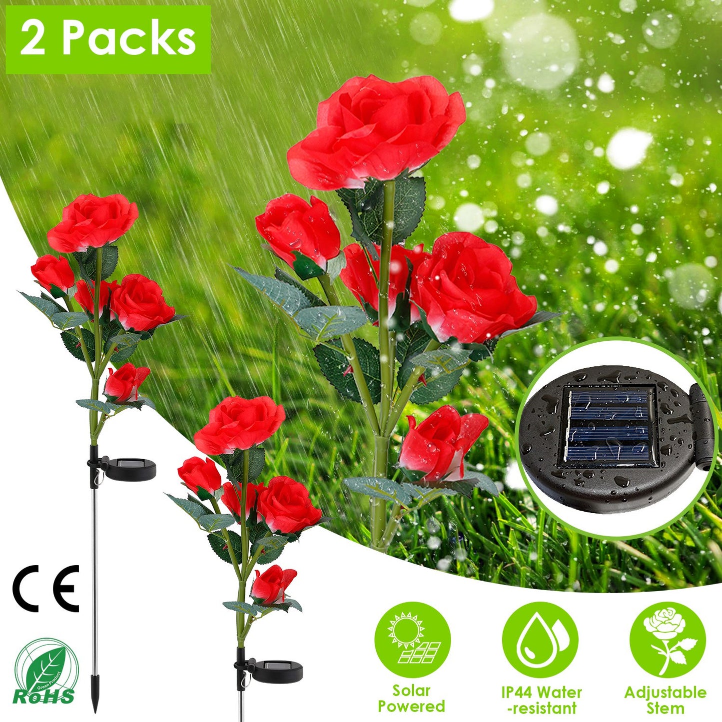 Solar Powered Rose Flower LED Lights - 2Pcs Outdoor Decorative Lamps