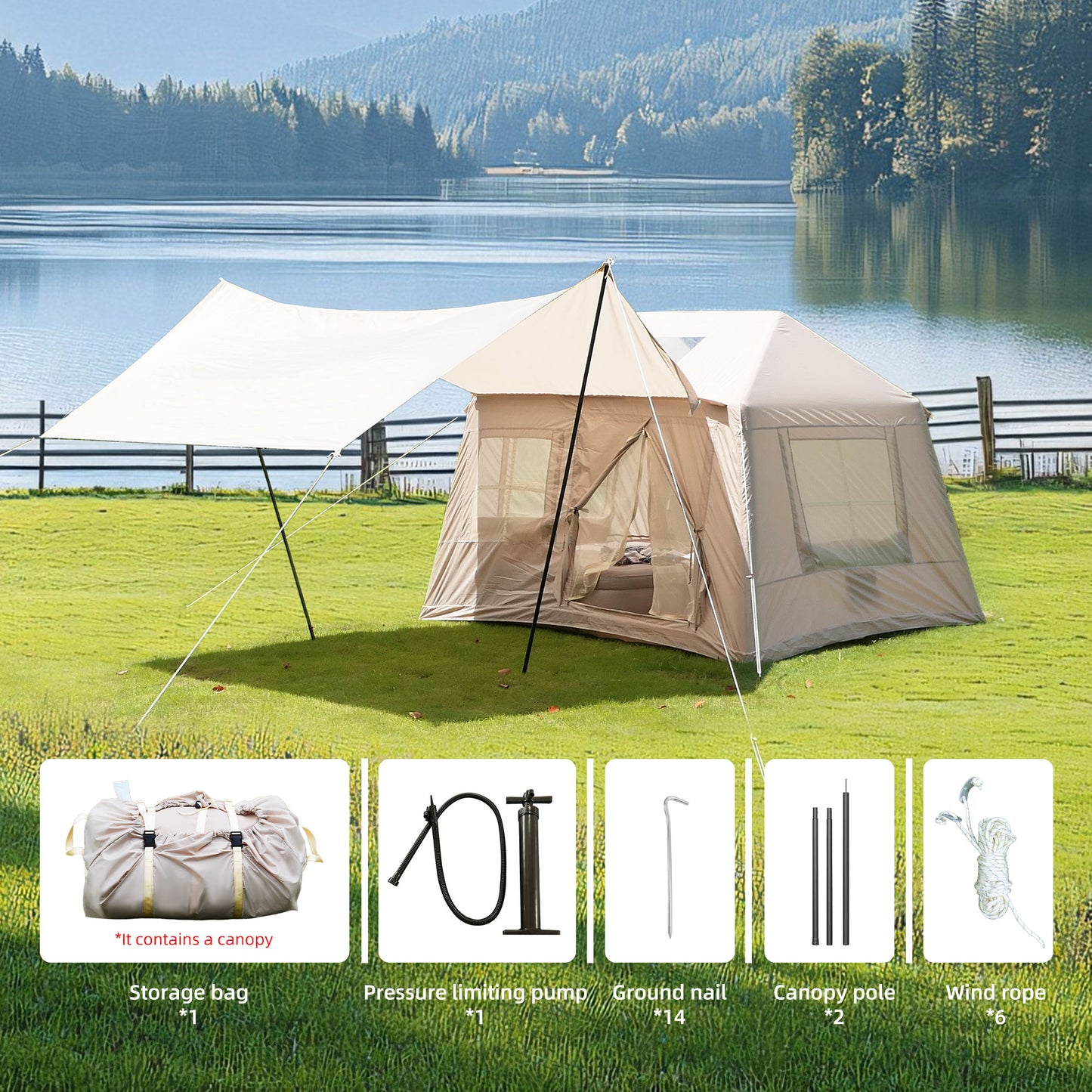 4-Season Inflatable Camping Tent with Mesh Windows - Beige