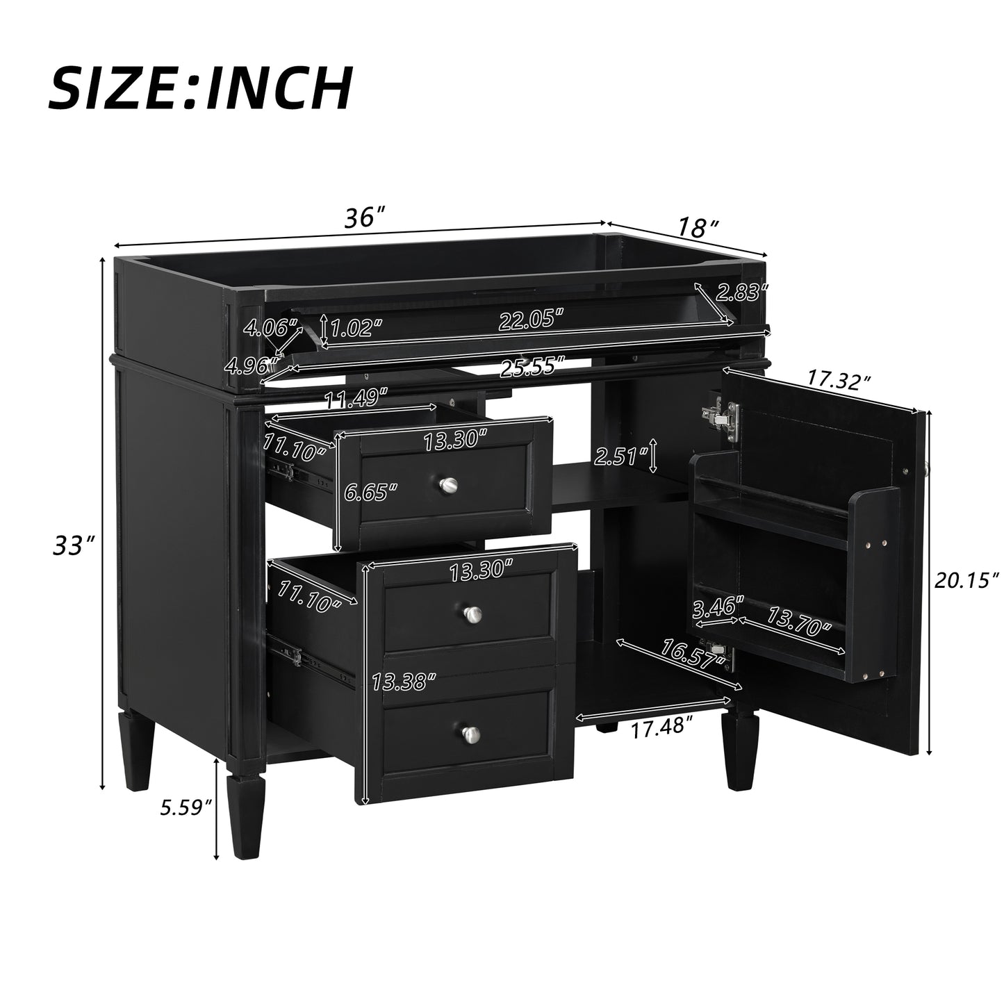 36'' Black Modern Bathroom Vanity with 2 Drawers & Tip-Out Drawer