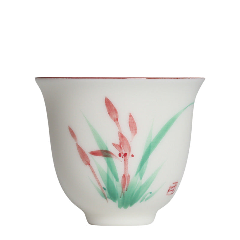 Hand Painted Ceramic Orchid Tea Cup - Chinese Style White Porcelain Drinkware