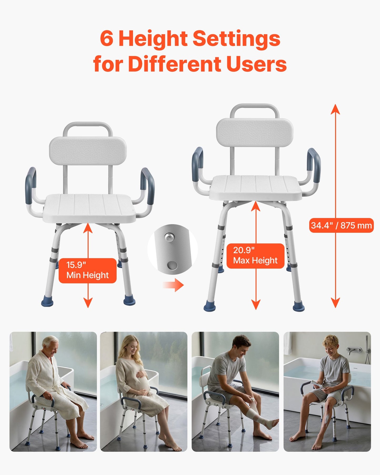 Heavy Duty Swivel Shower Chair with Arms and Back - 400 lbs Capacity, Height Adjustable Bathroom Seat for Adults and Seniors