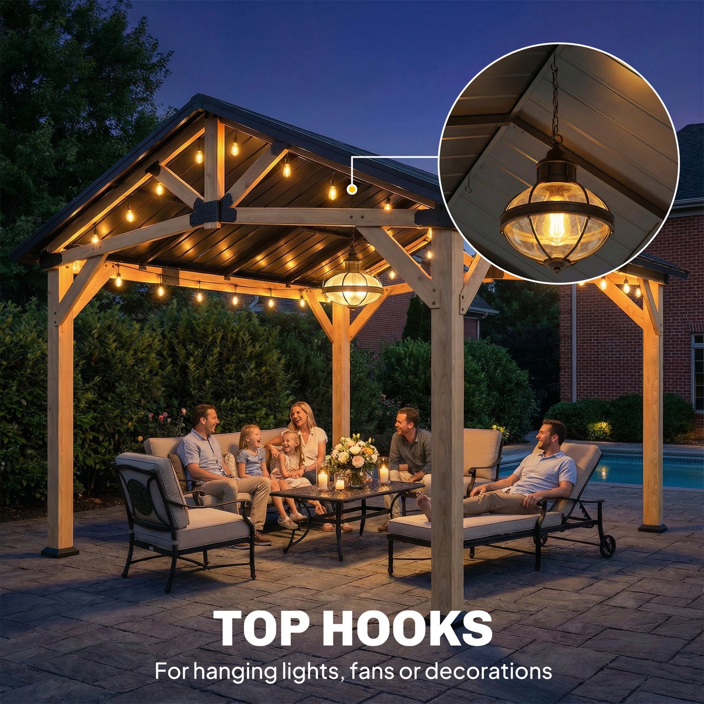 Hardtop Gazebo Canopy with Metal Roof & Fir Wood Frame - Black Gray