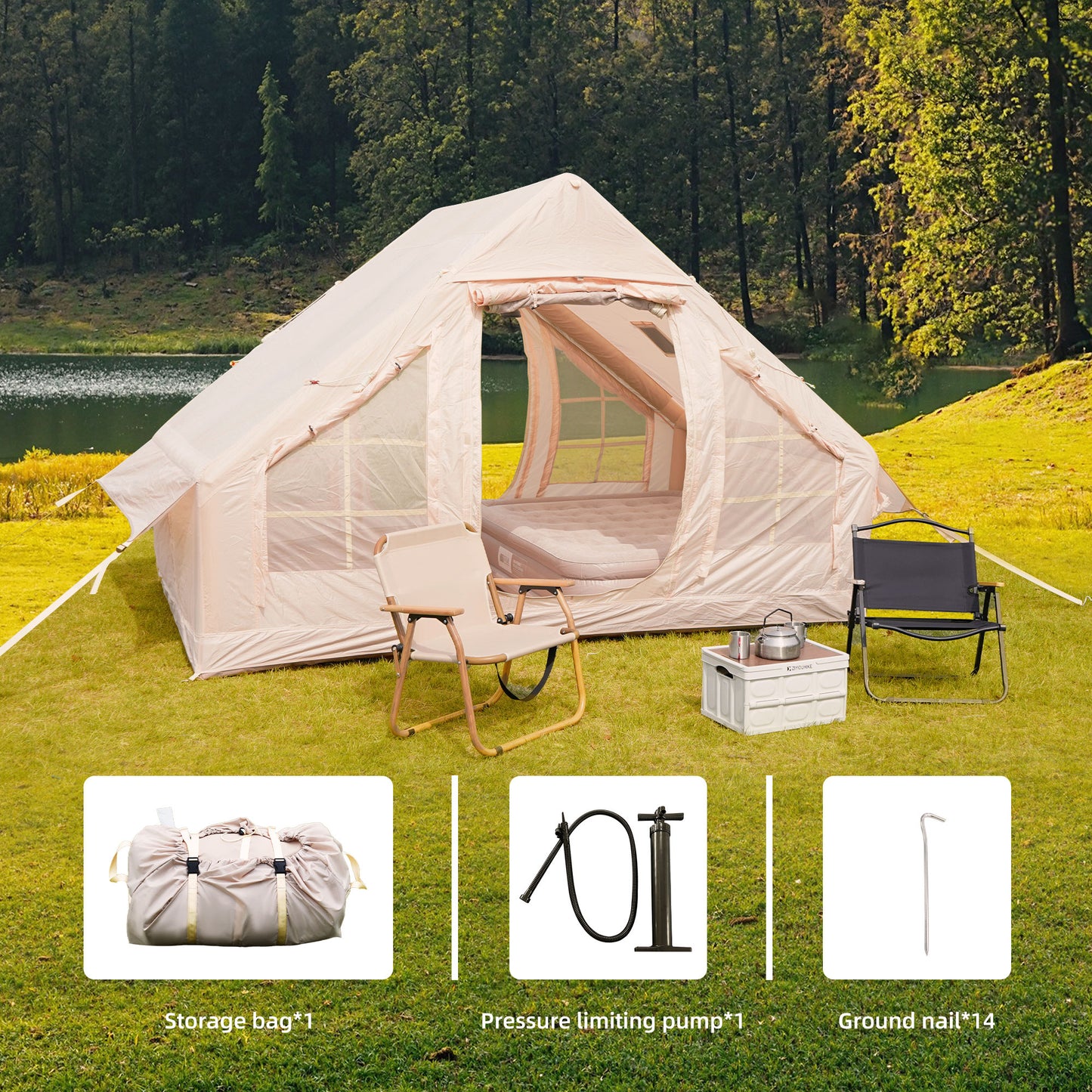 Inflatable Camping Tent with Hand Pump - Waterproof, Easy Setup, Beige