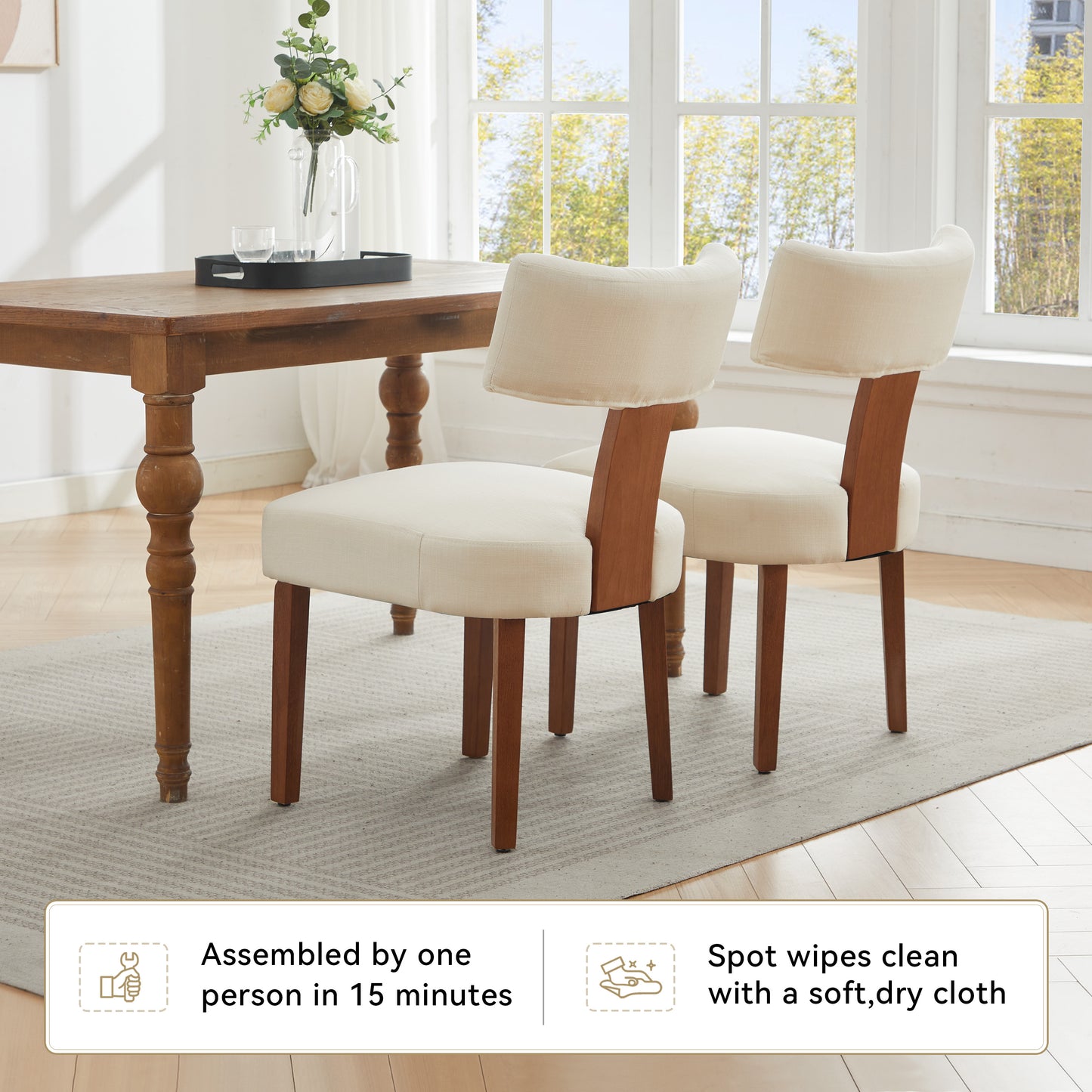 Set of 2 Modern Beige Linen Dining Chairs with Curved Backrest