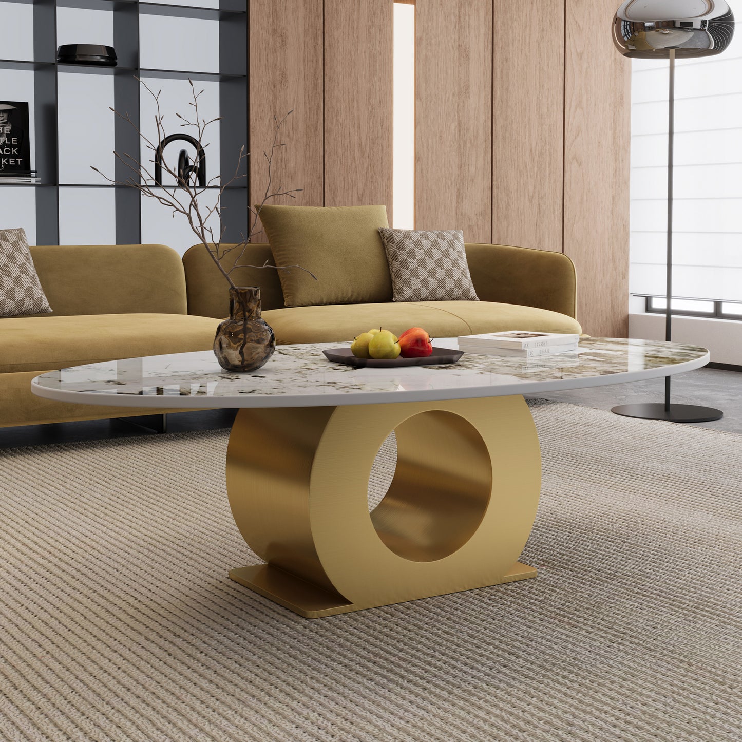 Modern 49.2" Oval Sintered Stone Coffee Table with Stainless Steel Base - Gold & White