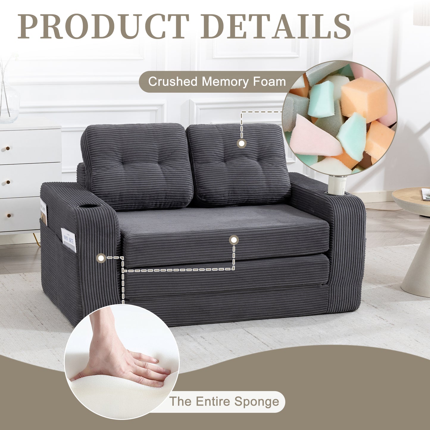 Convertible Sofa Bed - 2-in-1 Fold Out Couch with Pillows - Gray