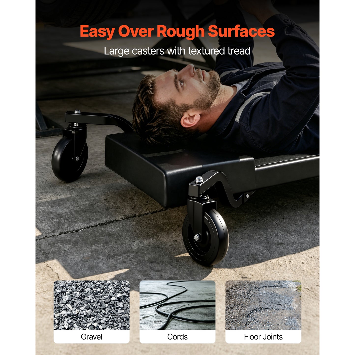 40-In Mechanic Creeper with 4 Large Wheels, Low Profile Car Repair Roller, Adjustable Headrest
