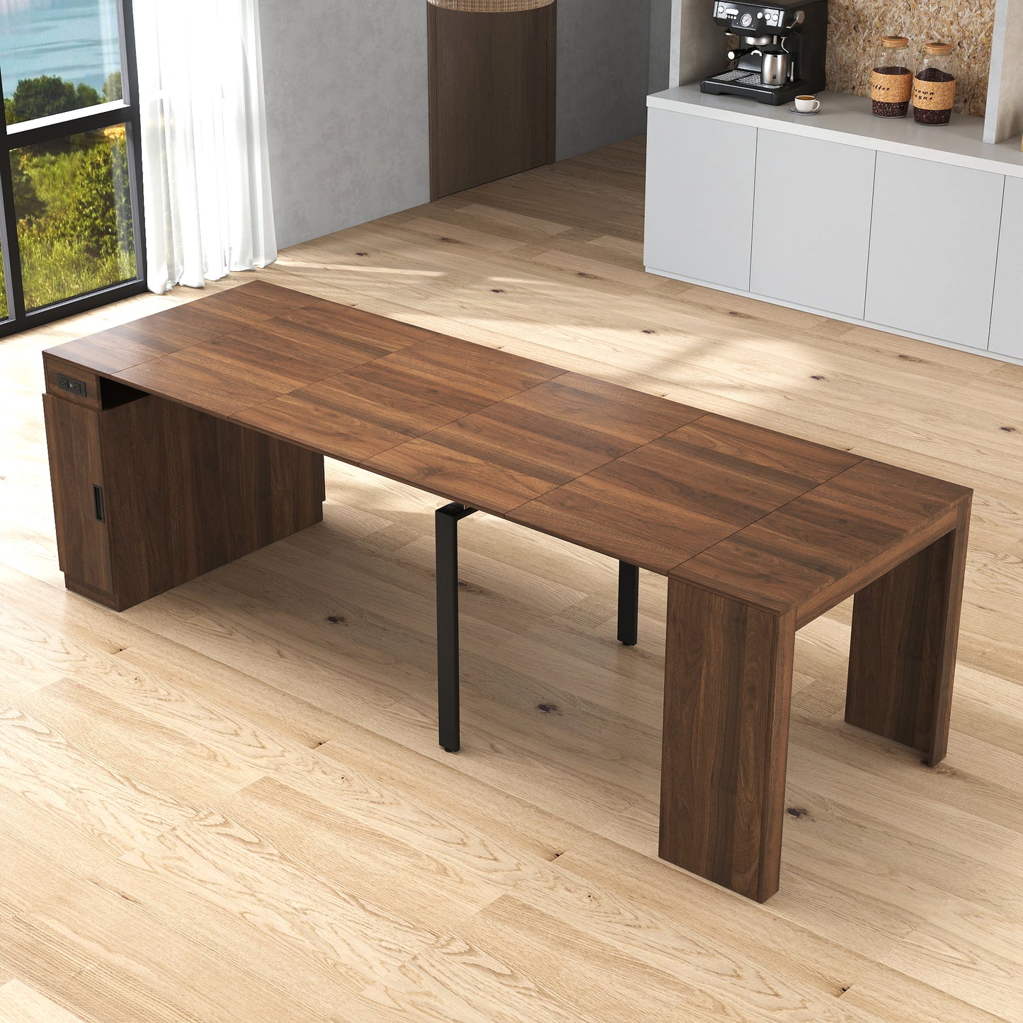 Modern Extendable Dining Table with Outlet - Walnut Finish