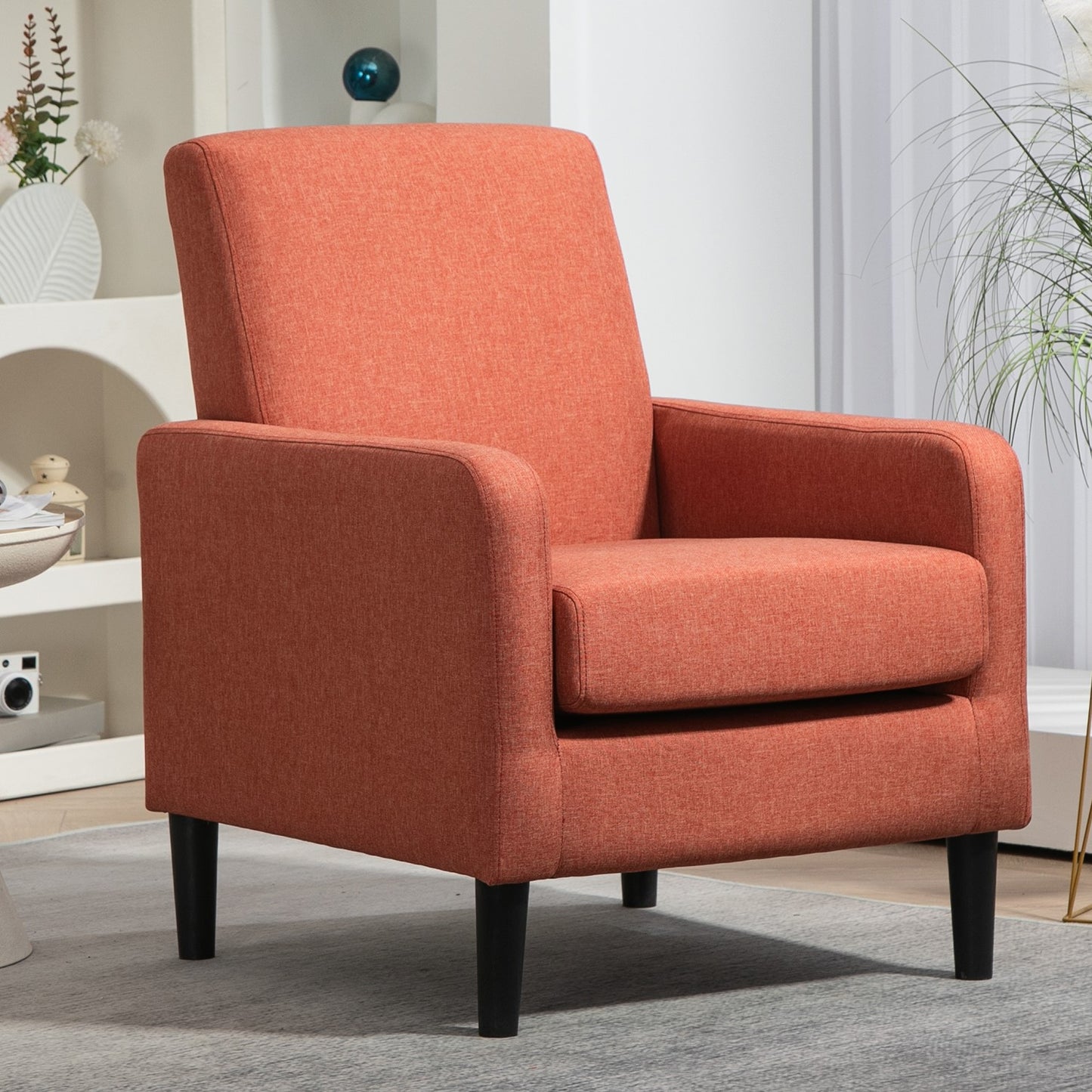 Faux Linen Upholstered Accent Chair, Modern Armchair With Solid Wood