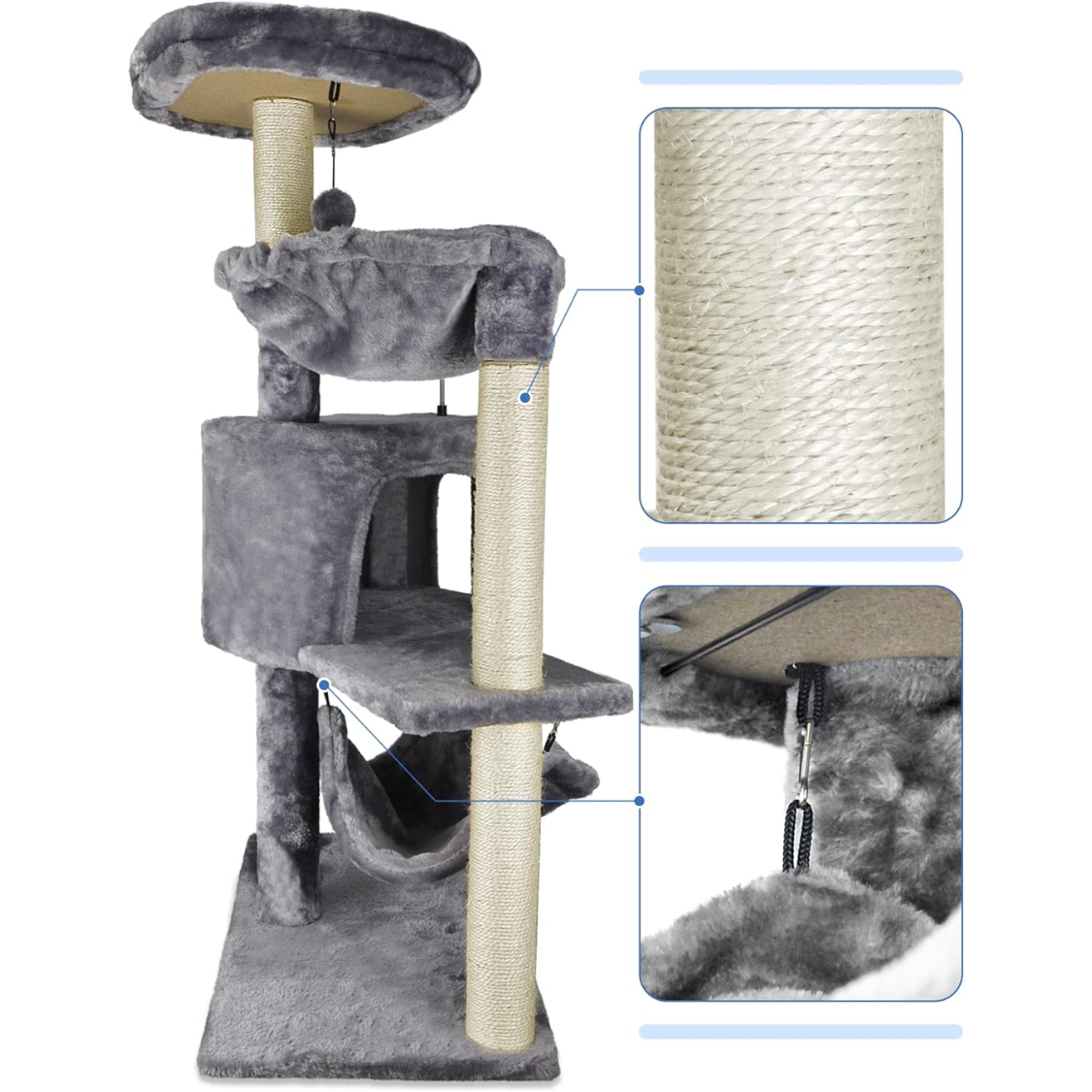 Cat Tree with Condo and Large Hammock - Grey, Multi-Level Play Tower